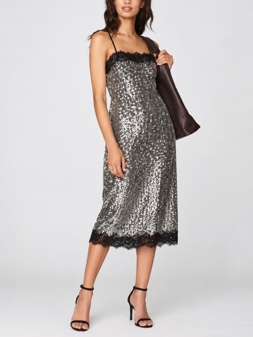 NWT Gianni Bini x Lilly Sisto Allegra Silver Sequin Lace Trim Midi Slip Dress